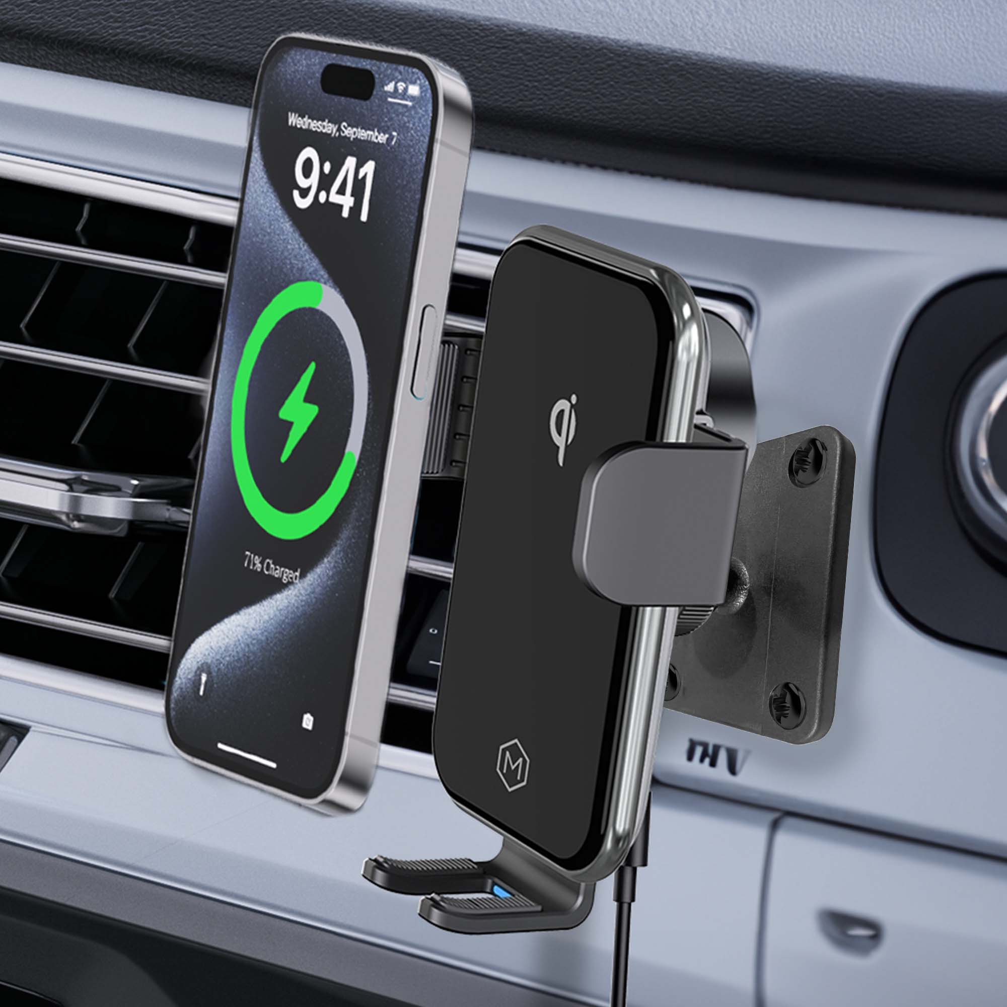 Support de recharge sans fil rapide pour voiture Mighty Mount Auto Grip avec plaque AMPS, certifié Qi