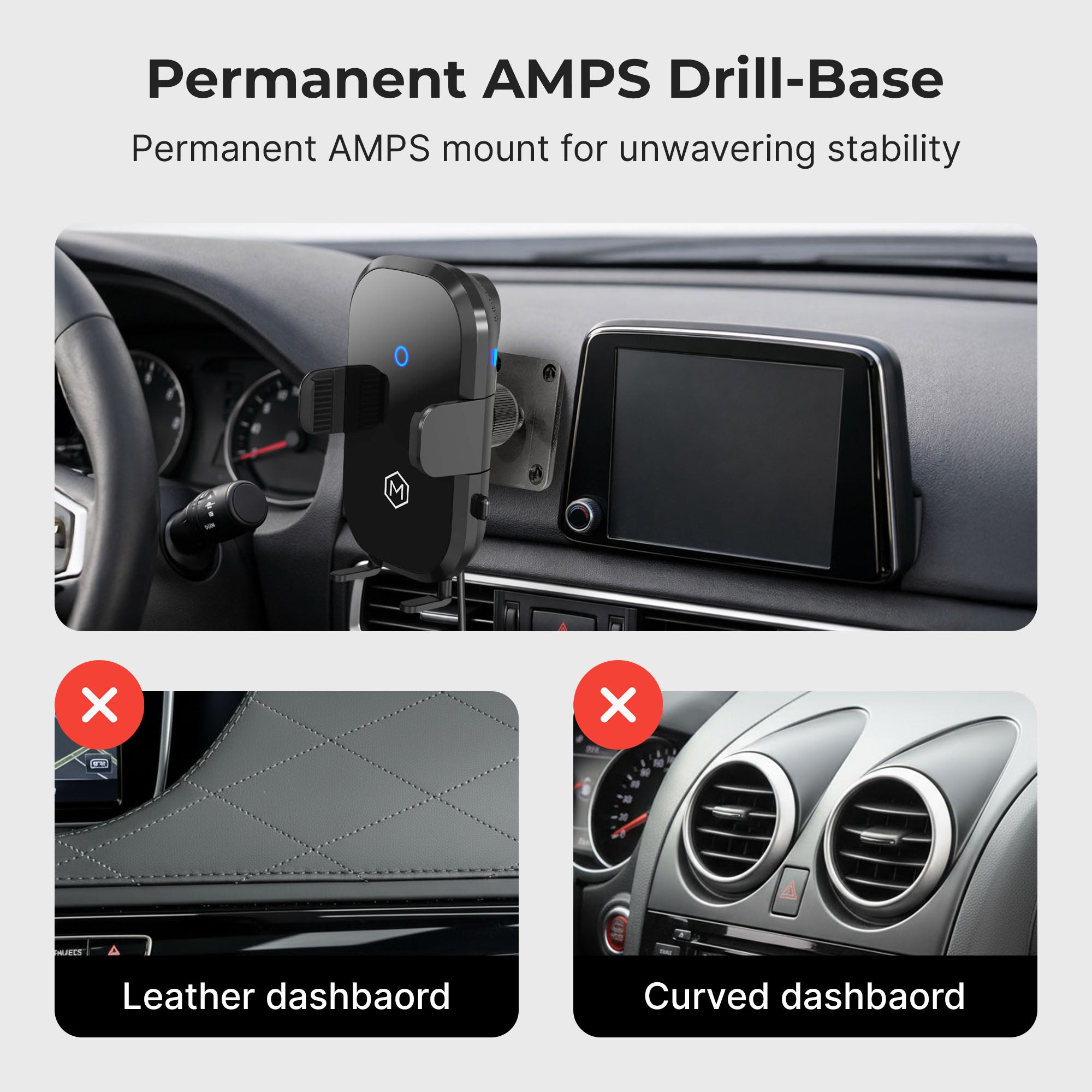 Auto Scan Fast Wireless Car Charger Mount with Drill Base AMPS Mounting Plate (Support pour chargeur sans fil rapide de voiture avec base de perçage)