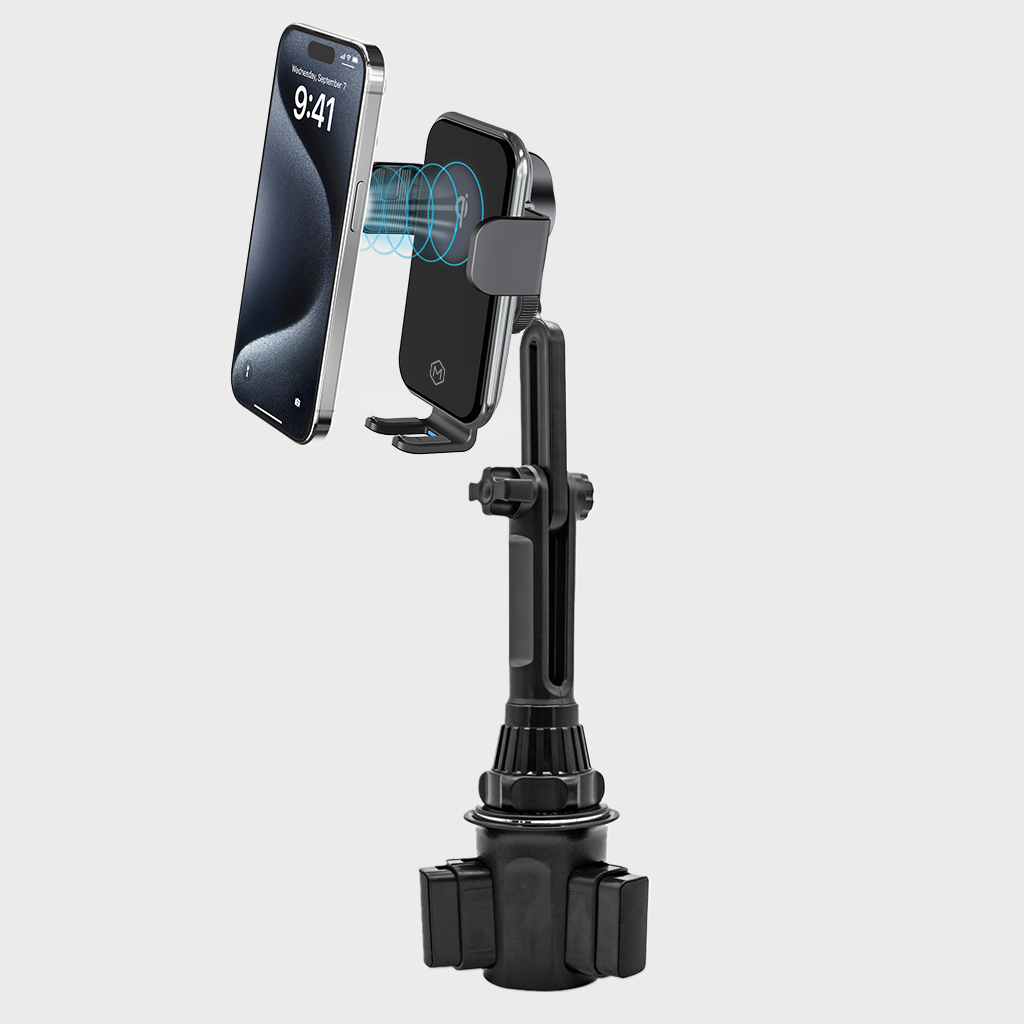 Chargeur de voiture sans fil rapide Mighty Mount Auto Grip avec support pour téléphone pour porte-gobelet, certifié Qi