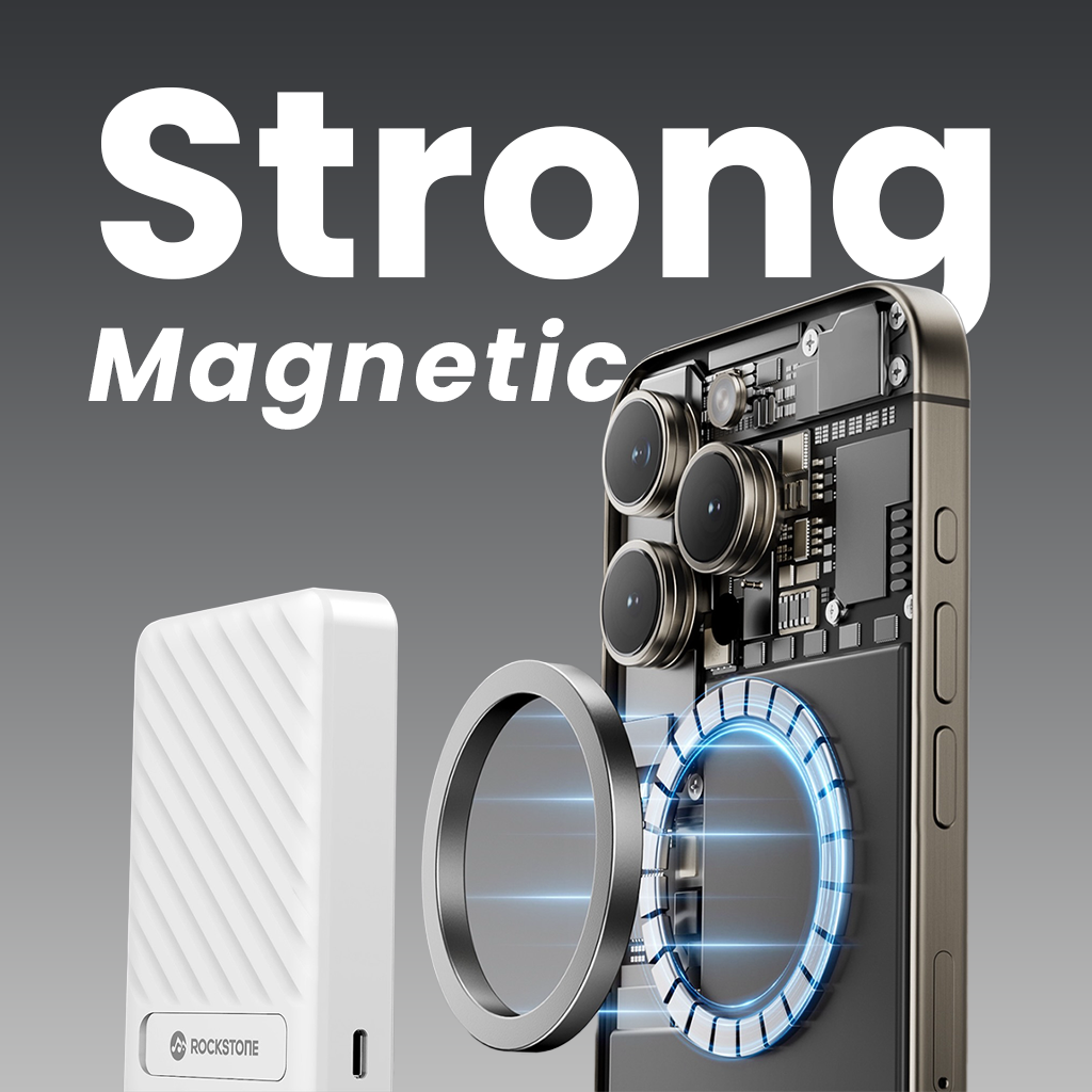 Batterie externe Rockstone 10 000 mAh avec chargeur sans fil MagSafe et support intégré