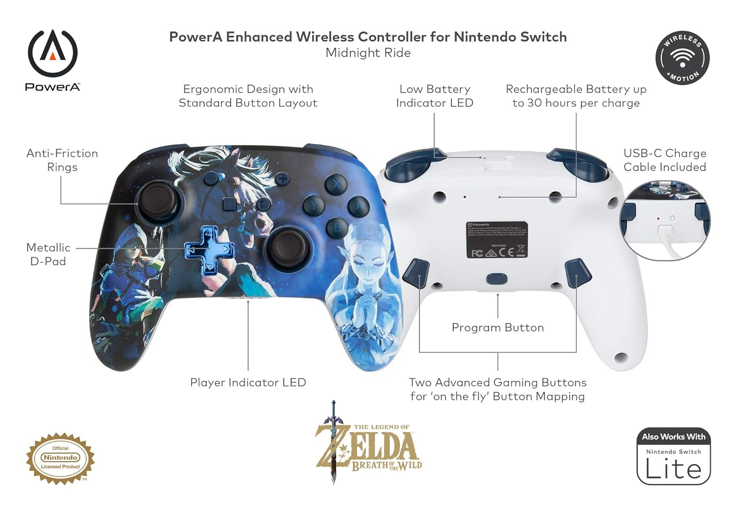 PowerA - Manette sans fil améliorée (Zelda Midnight Ride) pour Switch
