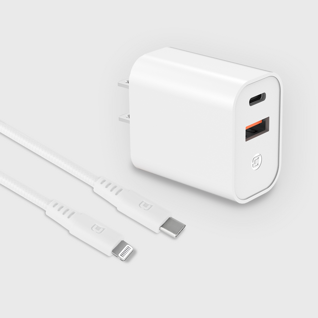 Chargeur mural GaN à double port Pulse avec câble USB-C vers Lightning