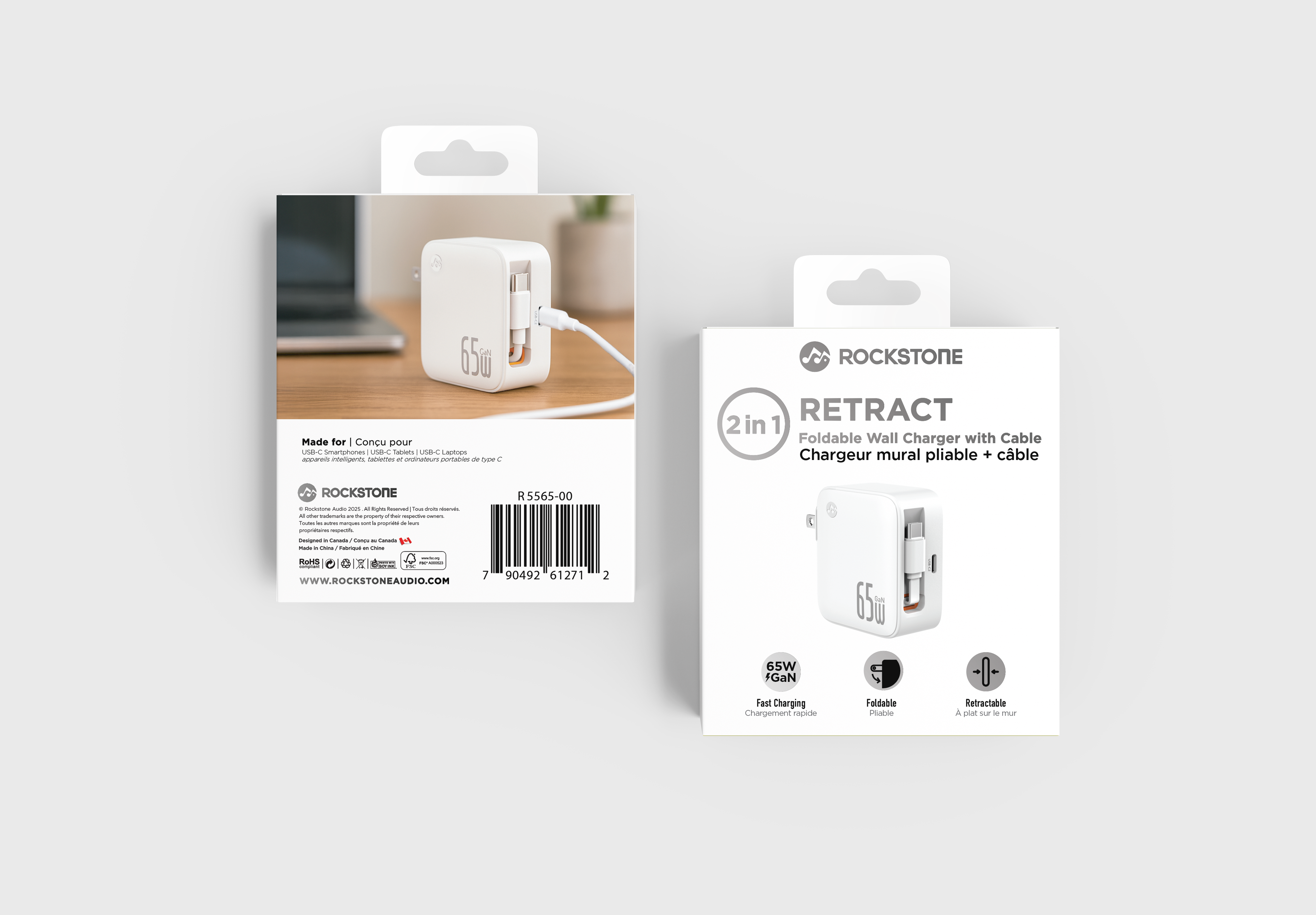 Chargeur mural pliable Mighty Mount Retract 65 W avec câble USB-C intégré de 100 W