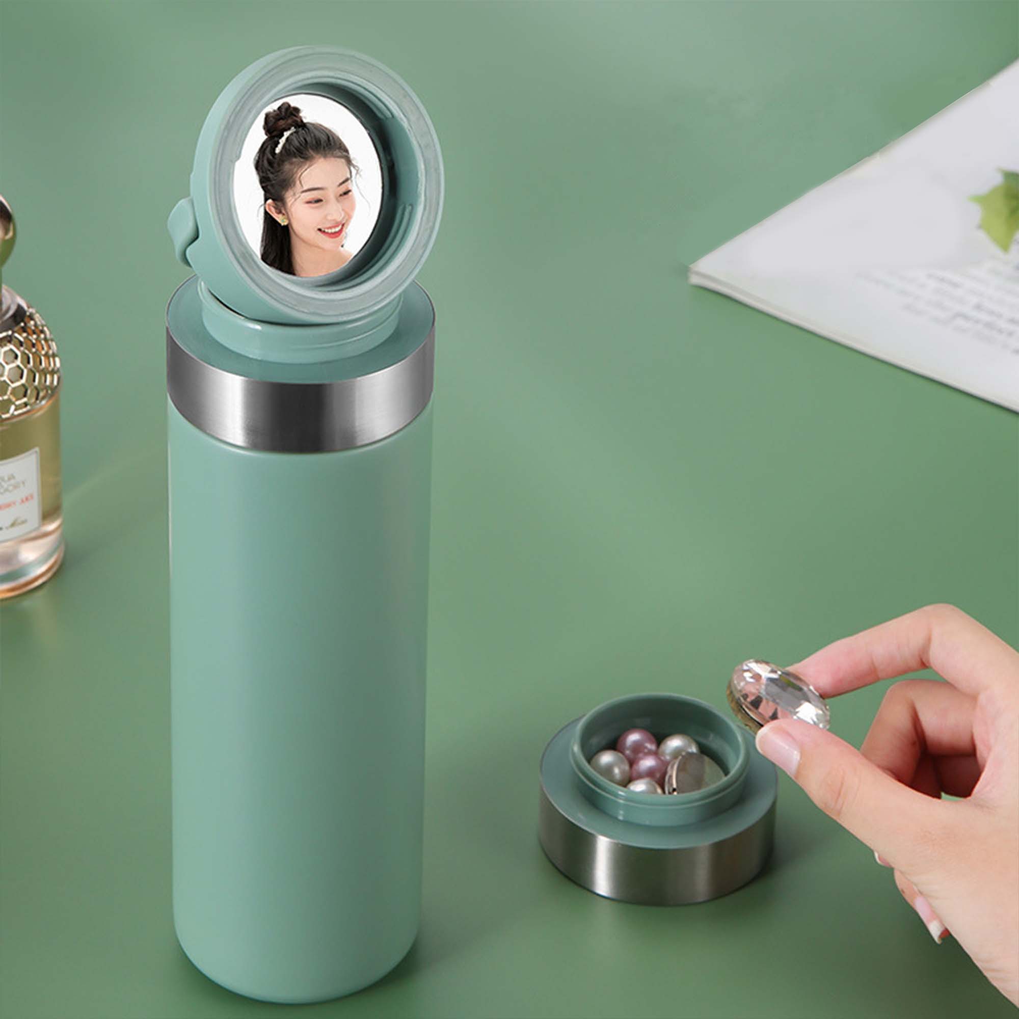 Thermos Water Bottle with Phone Stand and Mirror
