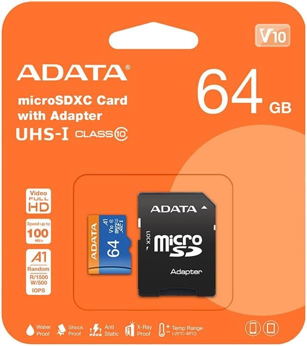 ADATA Premier 64GB MicroSDHC/SDXC UHS-I Class 10 V10 A1 Memory Card