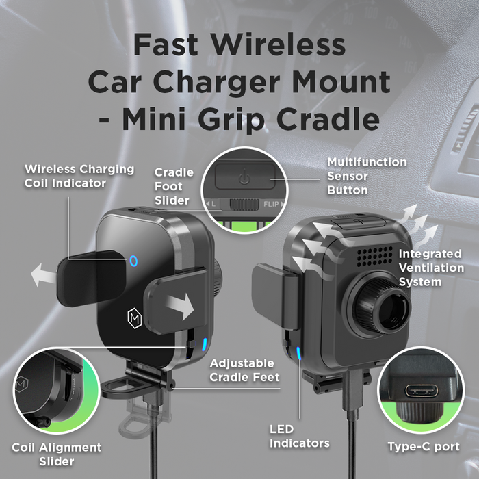 Fast Wireless Car Charger Cup Holder Phone Mount - Mini Grip Cradle