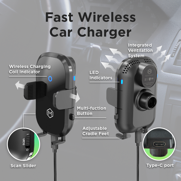 Auto Scan Grip Cradle - 15W Wireless Charger with Vent & Dash Mount & PD20 Car charger