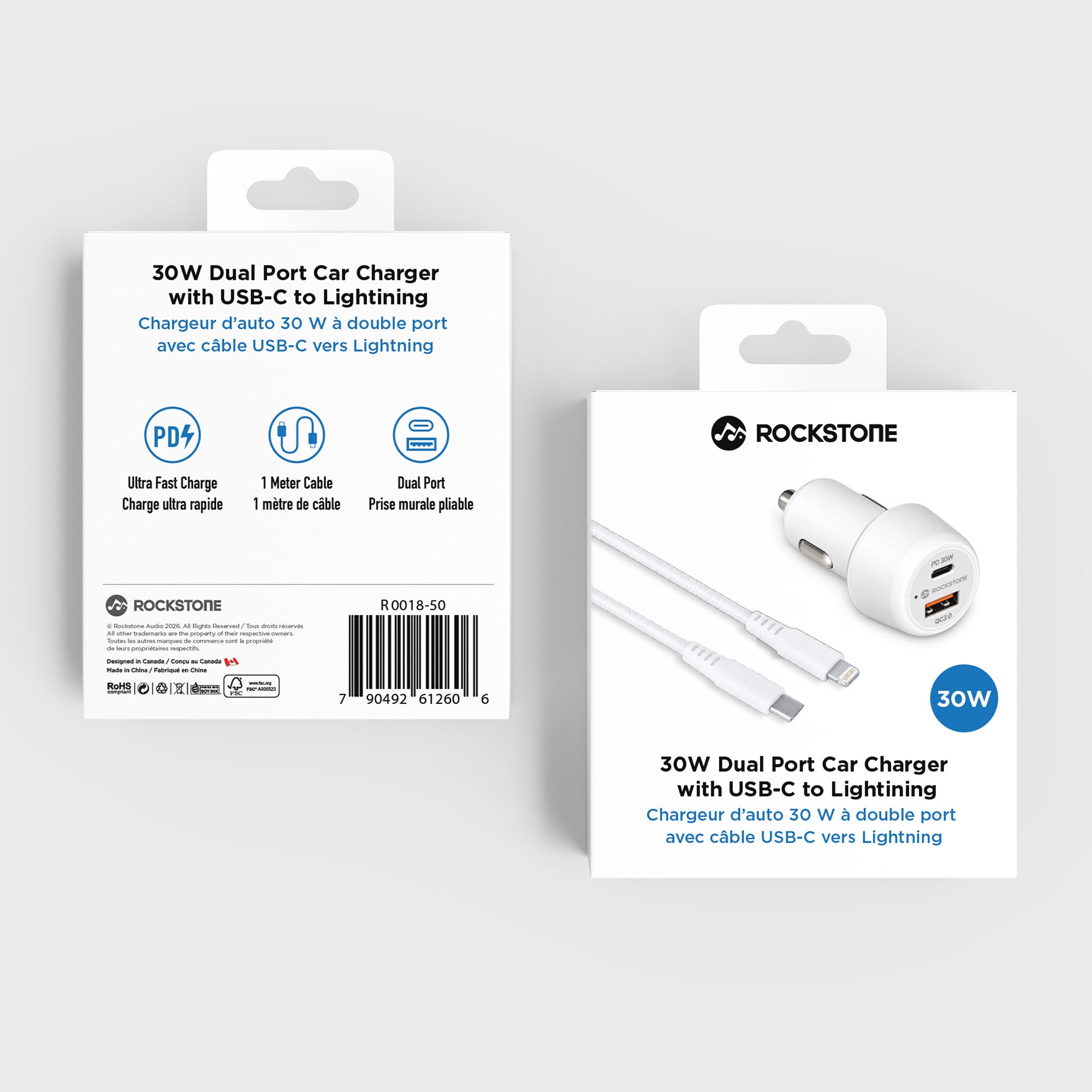 30W Dual Port Car Charger with USB-C to Lightning Cable