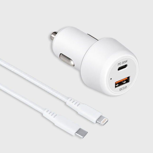 30W Dual Port Car Charger with USB-C to Lightning Cable