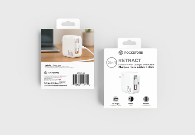 Retract - Dual Port 65W Foldable Wall Charger with Built-in 100W USB-C Cable